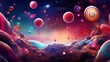  a painting of a space scene with a candy land in the foreground.  generative ai