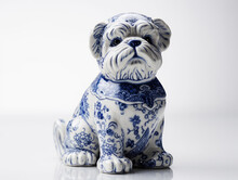 Blue And White Porcelain Cute Dog Figure On White Background. Generative AI