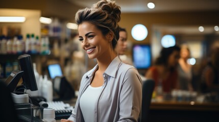 Pharmacy Kassa: female pharmacist. cashier in the store, shop. Generative Ai