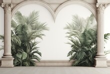 Mockup Ofn Artistic Depiction Of Tropical And Exotic Plants And Leaves Intertwined Within The Columns. Use Floral Patterns As The Backdrop For A Largescale Painting, Wallpaper, Photo Wallpaper