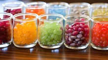  A Row Of Glass Jars Filled With Different Colored Candy Beans.  Generative Ai