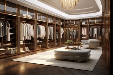 rendering of a luxurious walkin closet interior featuring wooden and gold elements, captured in a panoramic view.