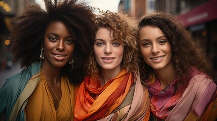 Poster - three black and white women dressed in bright clothes rainbow, new york style, close up, equality concept. Generative Ai