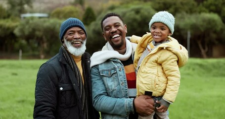 Poster - Grandfather, dad or face of child in park with a happy parent in nature outdoors in countryside together. Black family or funny African dad laughing or bonding on holiday vacation with kid or old man