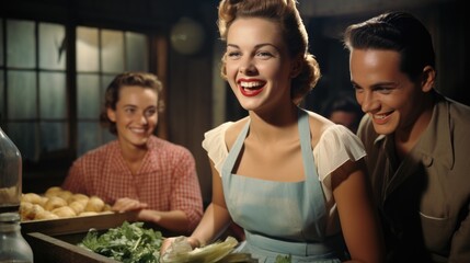 Poster - family, group of people, beautiful girl eating dinner together, advertising, films of 1950, 1960, 1970s. Generative Ai