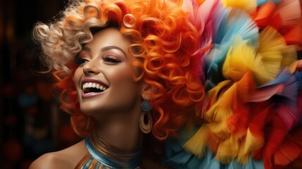 Canvas Print - happy, smiling African American woman with colored, curly hair with colorful feathers. masquerade, parade, on stage