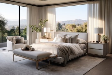 Wall Mural - California, March 10, 2021: A lavish and welllit bedroom featuring a comfortable king size bed and contemporary furnishings. This serves as a foundation for an opulent residential mansion. The design