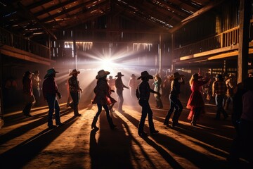 people dancing in a barn with cowboy hats .generative ai