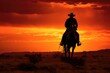 A cowboy riding a horse in a desert at sunset. .Generative AI