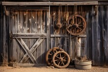 A Rustic Wooden Barn Door With Vintage Metal Wheels And Objects. .Generative AI