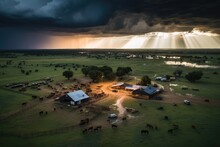 Farm With Cattle And Buildings Under A Stormy Sky. Generative AI