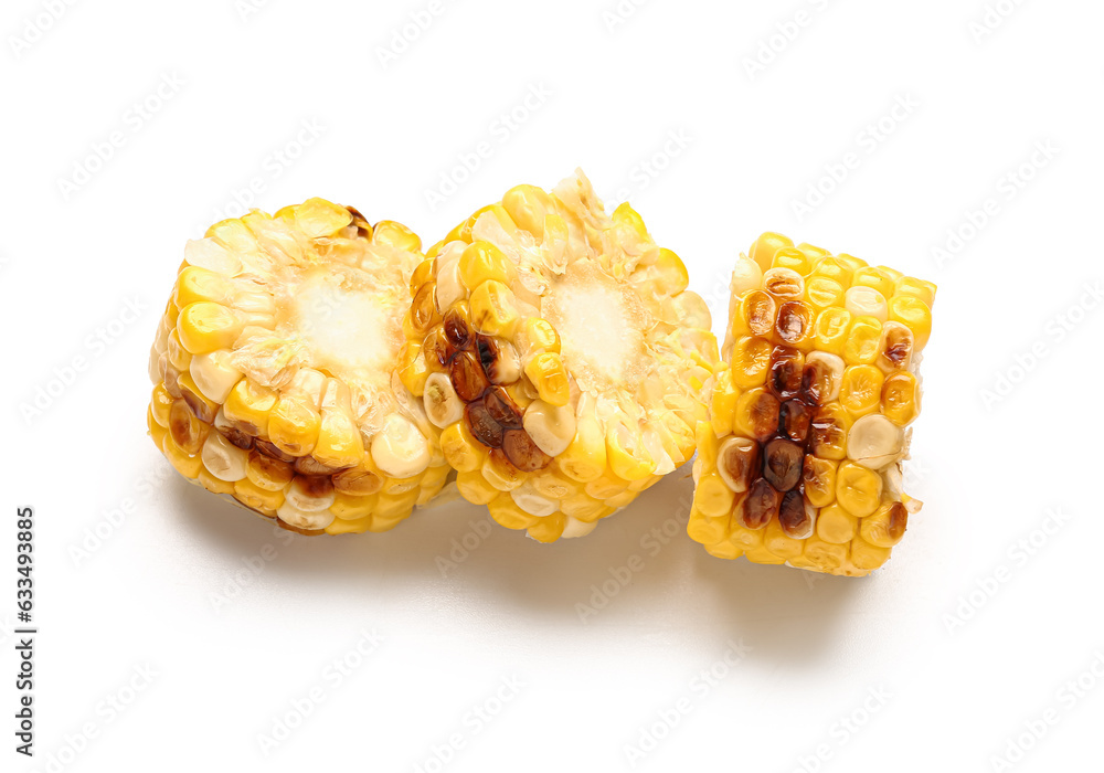 Tasty grilled corn cobs on white background