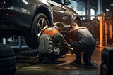 Car mechanics changing tire at auto repair shop garage.