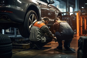 Wall Mural - Car mechanics changing tire at auto repair shop garage.