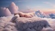 A bed with a blanket and pillows in the clouds.
