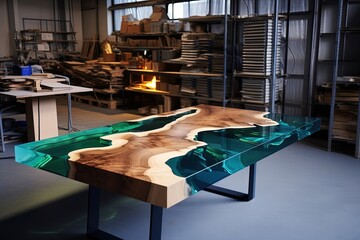 Green resin table in the workshop.