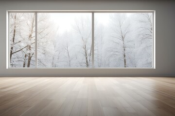 Sticker -  winter view in a modern, empty room with large windows, wood floor, and grey walls.