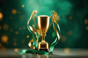 golden trophy and streamers, green background.