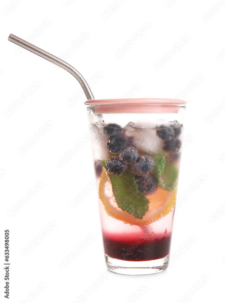 Glass of fresh blueberry lemonade with mint on white background