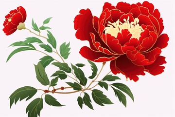 Wall Mural - Red flowers and green leaves, Chinese style painting.