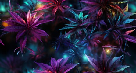 Hemp leaf background, bright neon shades, cannabis multicolored