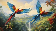  A Painting Of Two Colorful Parrots Flying Over A Waterfall.  Generative Ai
