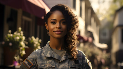 Wall Mural - Portrait of proud patriotic american black woman wearing U.S. military uniform smiling looking at camera. USA veterans day, patriotism.