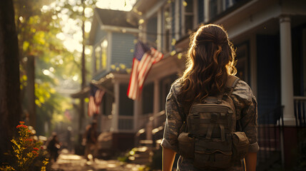 Wall Mural - Rear view american woman military soldier wearing military uniform coming home to her small town in countryside. Veteran's day in USA.