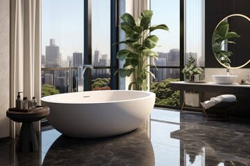 Sticker - A design showcases a round table devoid of any items, intended for the purpose of displaying beauty products. The table is situated within a modern and luxurious bathroom, complemented by a white