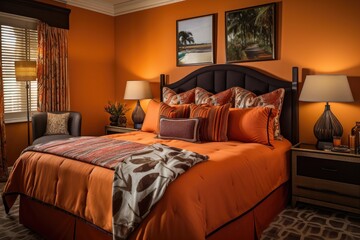 Wall Mural - A stylishly decorated room with orange and brown linens adorning the bed.