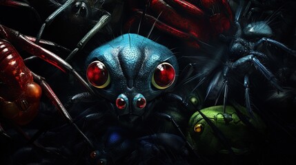 Wall Mural -  a close up of a spider with red eyes and a creepy face.  generative ai