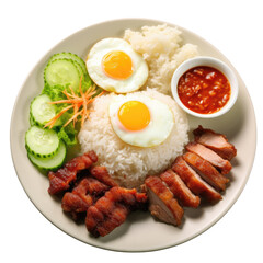 Wall Mural - BBQ pork crispy pork and pork sausage on rice with egg cucumber on transparent background plate Isolated on transparent background