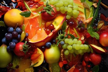 close-up of juicy fruit pieces being mixed