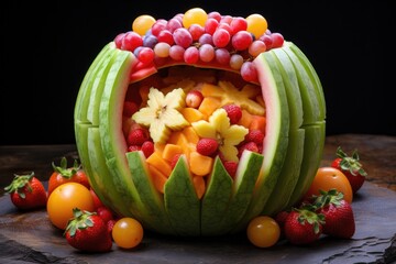 fruit salad in a hollowed-out watermelon