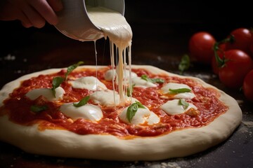 tomato sauce being poured onto pizza dough