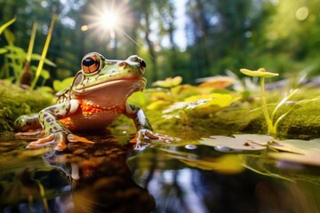 frog sitting on the stone  in nature landscape near lake. generative ai