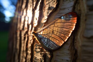 Poster - sunlit chrysalis with butterflys shadow on a tree bark