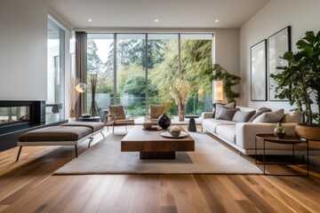 Canvas Print - Modern interior design complements the wood flooring in this chic living room, creating a stylish and contemporary ambiance.