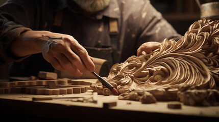 Wall Mural - Wood working craftsmanship of an artesian carving a handmade artwork from a piece of wood