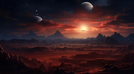 Poster -  an alien landscape with mountains, rocks, and planets in the sky.  generative ai