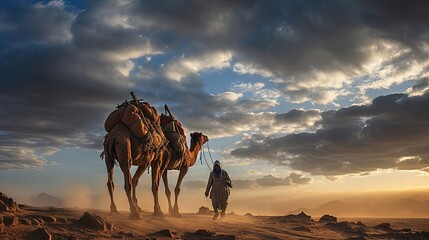 Wall Mural -  a man walking with a camel in the desert at sunset.  generative ai