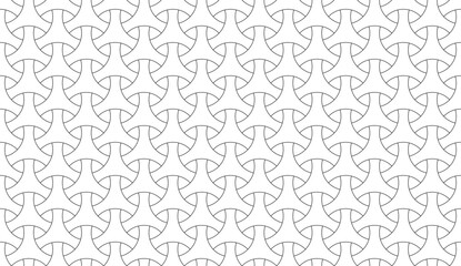 Seamless surface pattern design with traditional japanese ornament. Three pronged blocks tessellation. Repeated white interlocking figures on black background. Bishamon armor motif. Sashiko embroidery