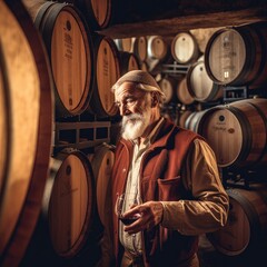 Wall Mural - Old wooden barrels with wine in the ancient medieval stone cellars. Aged wine in barrels in underground cellar. Generative ai