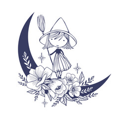 Wall Mural - vector esoteric moon with a little witch standing on it, flowers and stars. boho witchcraft symbol, 