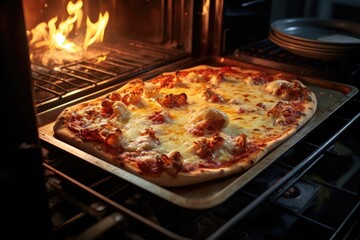 Wall Mural - homemade pizza baking in oven with light