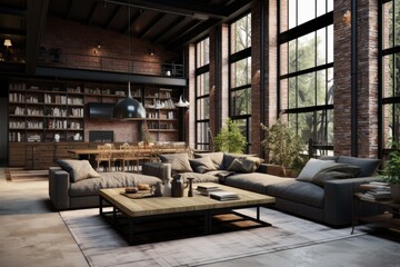 Wall Mural - rendering of a living room interior in an industrial style loft.