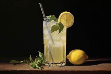 Wall Mural - lemonade in a tall glass with a straw