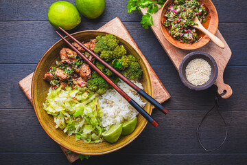 Poster - Chicken bowl with rice, broccoli, cabbage and green Chimmichurri salsa