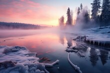 Frozen Lake With Steam Rising Above The Surface