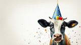 Fototapeta Przeznaczenie - A humorous cartoon cow donning a festive party hat stands out against a clean white background. This colorful and lively depiction serves as a joyful greeting card